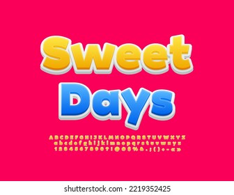 Vector cute card Sweet Days. Yellow Alphabet Letters, Numbers and Symbols set. Playful childish Font