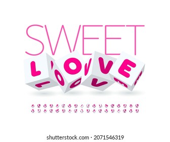 Vector cute card Sweet Love. Trendy Block Font. Stylish isometric Alphabet Letters and Numbers set