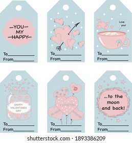 Vector cute card templates for valentine's day. Gift tags, labels or posters for St. Valentine's Day. Collection of printable love tags. Vintage love lettering on mint background.