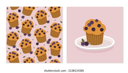 Tarjetas vectoras lindas con muffins de arándano azul