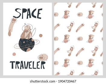 Vector cute cards with cats and phrase Space traveler. Funny animals seamless pattern in pastel colors with kittens.