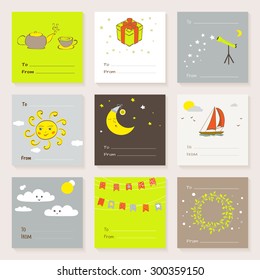 Vector cute cards collection. Scrapbook templates. Childish invitation set. Vintage diary paper background. Notebook frame design