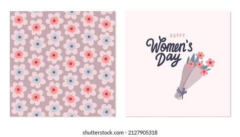 Tarjetas vectoras lindas con flores sin costura, letras y ramo 