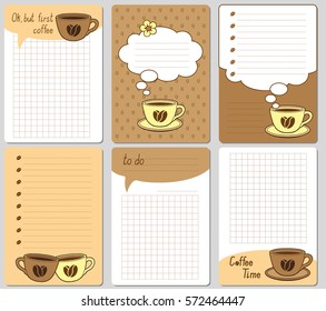 vector cute cards. Notes, stickers, labels, tags with funny cups and hearts. Design for craft paper, scrapbook, template and greeting card