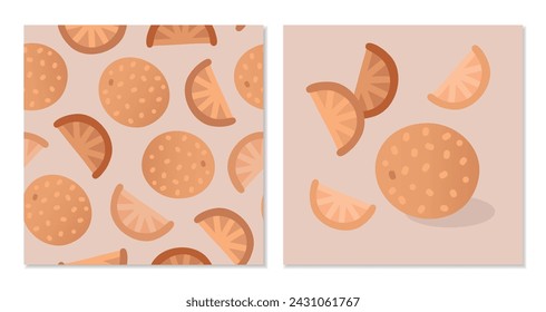 Vector cute cards with orange fruit and slices