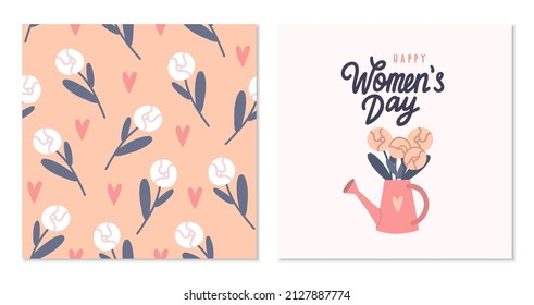 Vector cute cards with pions flowers seamless pattern,  lettering and watering can flower pot