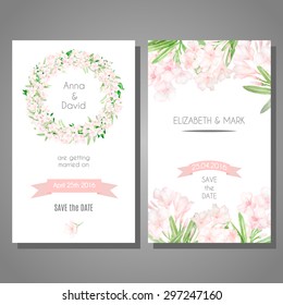 Vector cute cards templates with hand drawn watercolor pink flowers. Template for save the date, birthday cards, wedding invitations. 