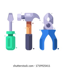 Vector a cute carpentry hand tools, a cute screw driver, a cute hammer, a cute pliers on white background, illustration