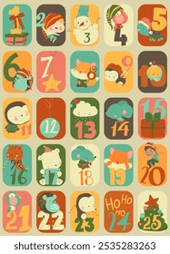 Vector Cute Cartoon Advent Calendar with Funny Animals and Christmas Elements