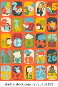 Vector Cute Cartoon Advent Calendar with Funny Animals and Christmas Elements