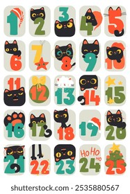 Vector Cute Cartoon Advent Calendar with Funny Cats and Christmas Elements