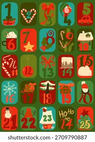 Vektor süß Cartoon Adventskalender mit lustigen Tieren und weihnachtlichen Elementen
