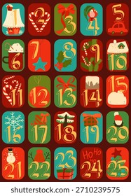 Vector Lindo Calendario de Adviento de Dibujos Animados con Animales Divertidos y Navidades Elementos