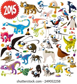 vector cute cartoon animals set: tiger, jay, umbrella bird, dinosaur, woodpecker, frigate, kiwi, bird of paradise, dogs, skunk, snake, penguin, spider, dove, fish, flower, butterfly, grouse, quail