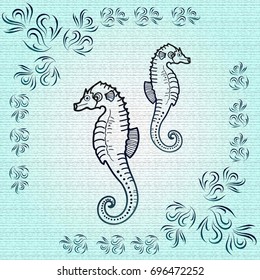 Vector cute cartoon background
  With seahorses