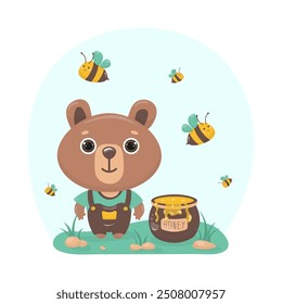Vector cute cartoon bear with honey and bees. Isolated image on white background. Illustration for children. 
