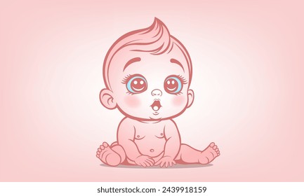 Vector cute cartoon beautiful little sitting peach baby. Kawaii young child with big gorgeous eyes. Kid sticker or icon.