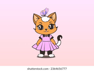 Vector cute cartoon beautiful young kitten in a pink dress with big anime eyes. Delicate butterfly. Sticker or icon.