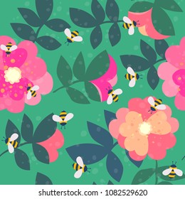 Vector cute cartoon bee and flowers seamless pattern background