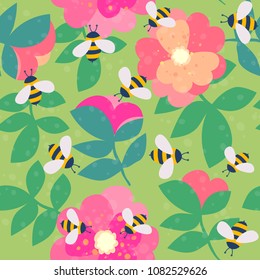 Vector cute cartoon bee and flowers seamless pattern background
