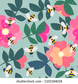 Vector cute cartoon bee and flowers seamless pattern background