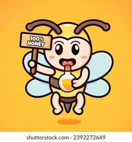 Vector Cute cartoon bee holding a board and showing the quality of honey