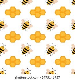 Vector cute cartoon bee and honeycombs seamless pattern. Funny bumblebees background. Vector flat illustration.