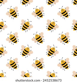 Vector cute cartoon bee seamless pattern. Funny bumblebees background. Vector flat illustration.