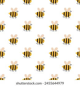 Vector cute cartoon bee seamless pattern. Funny bumblebees background. Vector flat illustration.