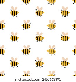 Vector cute cartoon bee seamless pattern. Funny flying bumblebees background. Vector flat illustration.