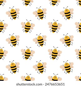 Vector cute cartoon bee seamless pattern. Funny bumblebees background. Vector flat illustration.