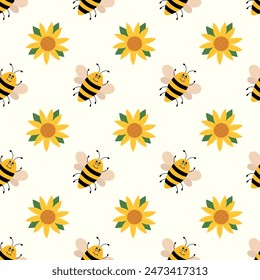 Vector cute cartoon bee and sunflower seamless pattern. Funny bumblebees background. Vector flat illustration.