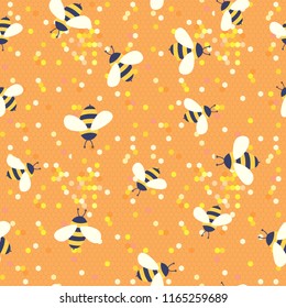 Vector cute cartoon bees on 
honeycombs seamless pattern background