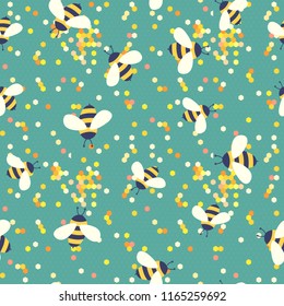 Vector cute cartoon bees on 
honeycombs seamless pattern background