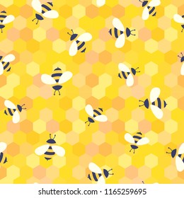 Vector cute cartoon bees on 
honeycombs seamless pattern background