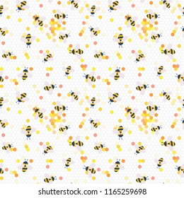 Vector cute cartoon bees on 
honeycombs seamless pattern background