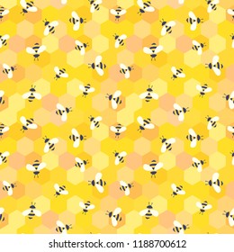 Vector cute cartoon bees on 
honeycombs seamless pattern background
