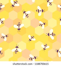 Vector cute cartoon bees on 
honeycombs seamless pattern background
