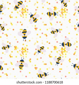 Vector cute cartoon bees on 
honeycombs seamless pattern background
