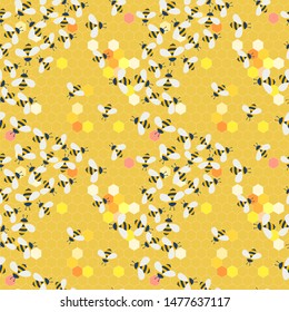 Vector cute cartoon bees on 
honeycombs seamless pattern background
