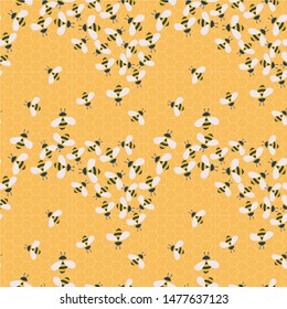 Vector cute cartoon bees on 
honeycombs seamless pattern background
