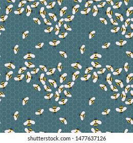 Vector cute cartoon bees on 
honeycombs seamless pattern background
