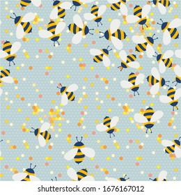 Vector cute cartoon bees on 
honeycombs seamless pattern background
