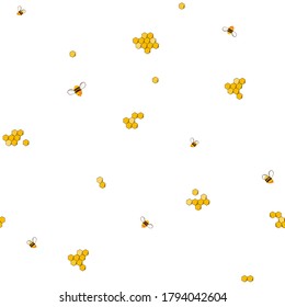 Vector cute cartoon bees on honeycombs. Seamless pattern on white background.