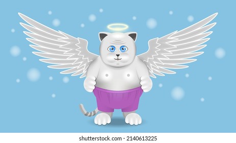 Vector cute cartoon big-eyed fat cat angel with spread wings and halo