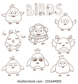 Vector cute cartoon birds collection with different emotions