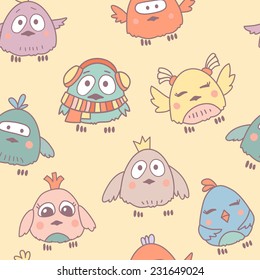 Vector cute cartoon birds seamless pattern with different emotions