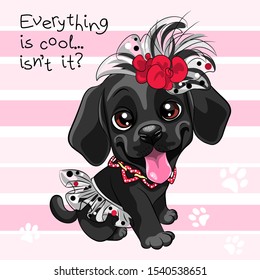 Vector Cute cartoon black dog Labrador Retriever in skirt and hat with red flowers smiling on pink background