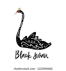 Vector cute cartoon black swan art. Poster and banner element, children's book illustration, postcard, gift card, print for t-shirt and more, sticker, label and other. Isolated on white background.
