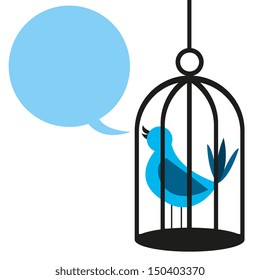 Vector Cute Cartoon Blue Bird On A Birdcage